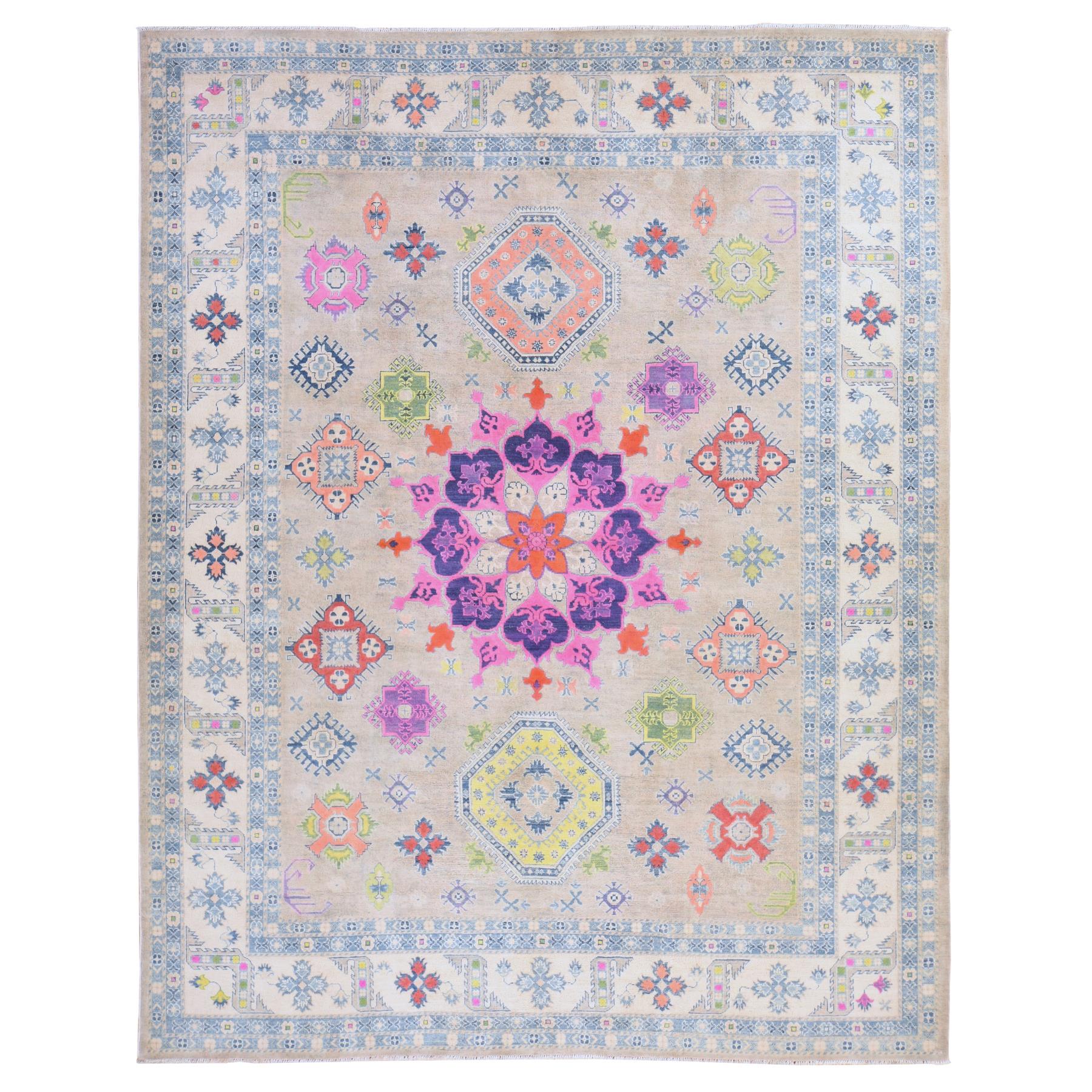 Khaki Brown, Colorful Fusion Kazak with Flower Medallion Design, Hand Knotted, Pure Wool, Oriental Rug